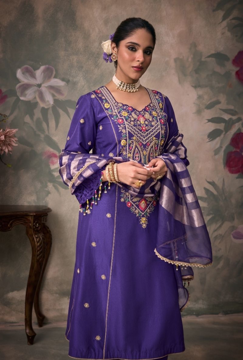 Purple Embroidered Heavy Yoke Jalsa Kurta Set