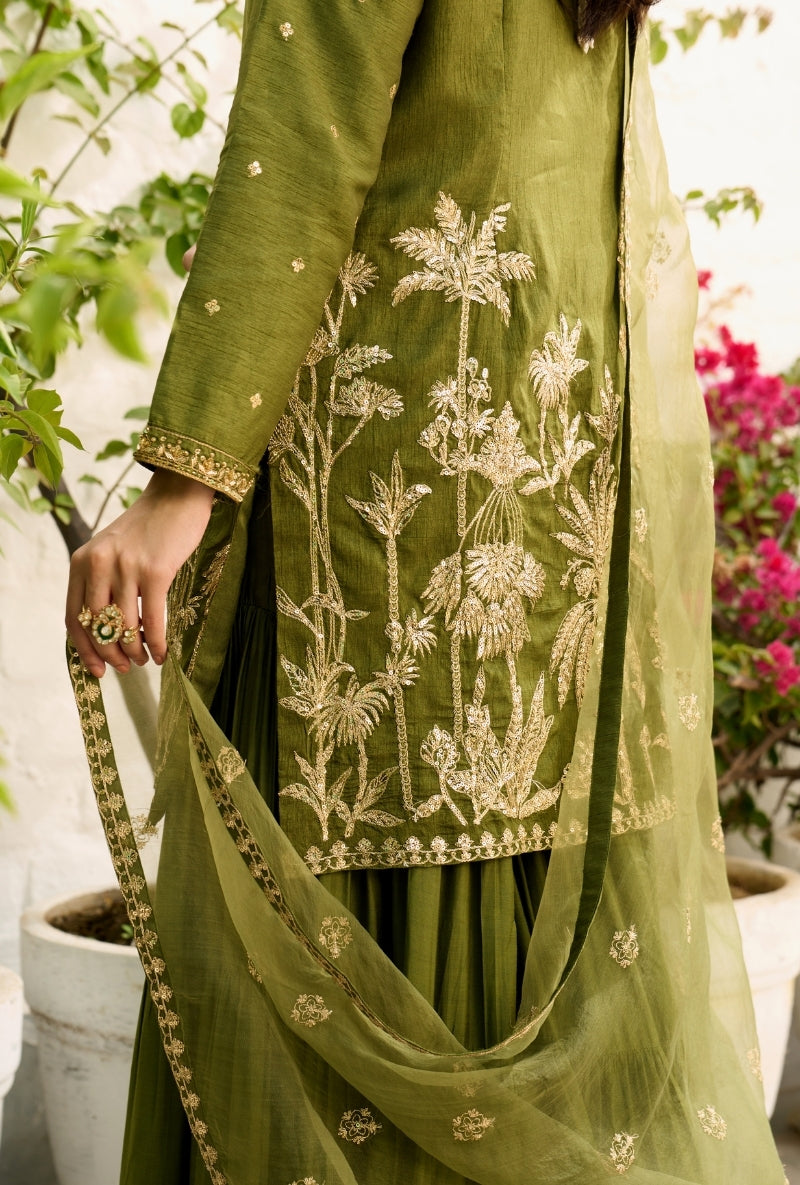 Green Palm Tree Zardosi Embroidered Sabah Sharara Set