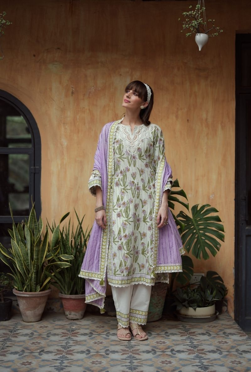 Ivory Handblock Print Straight Raisa Kurta Set