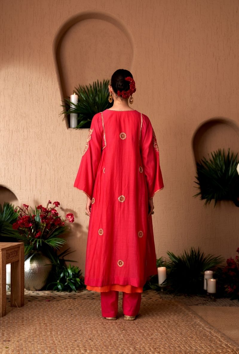 Rani Pink Contrast Lining Square Sleeve Naveli Kurta Set