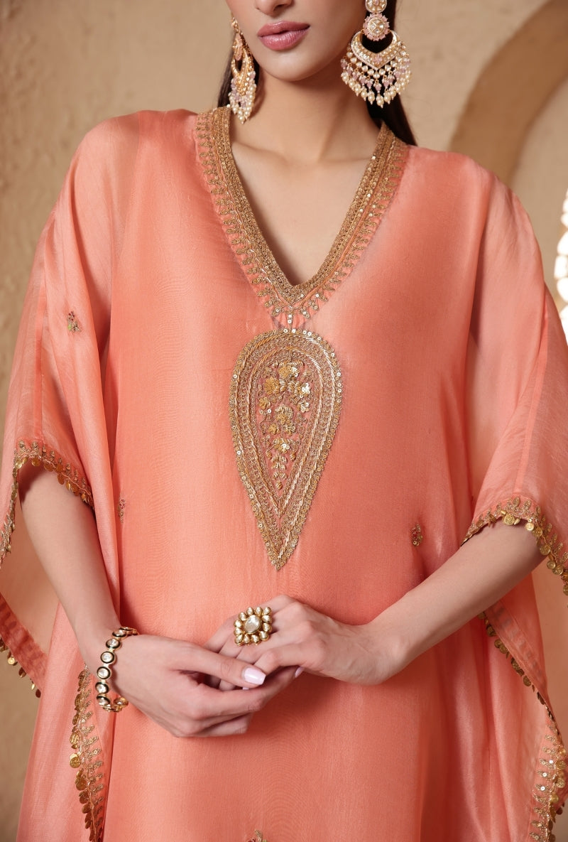 Peach Dori Embroidery Yoke Nihira Kaftan