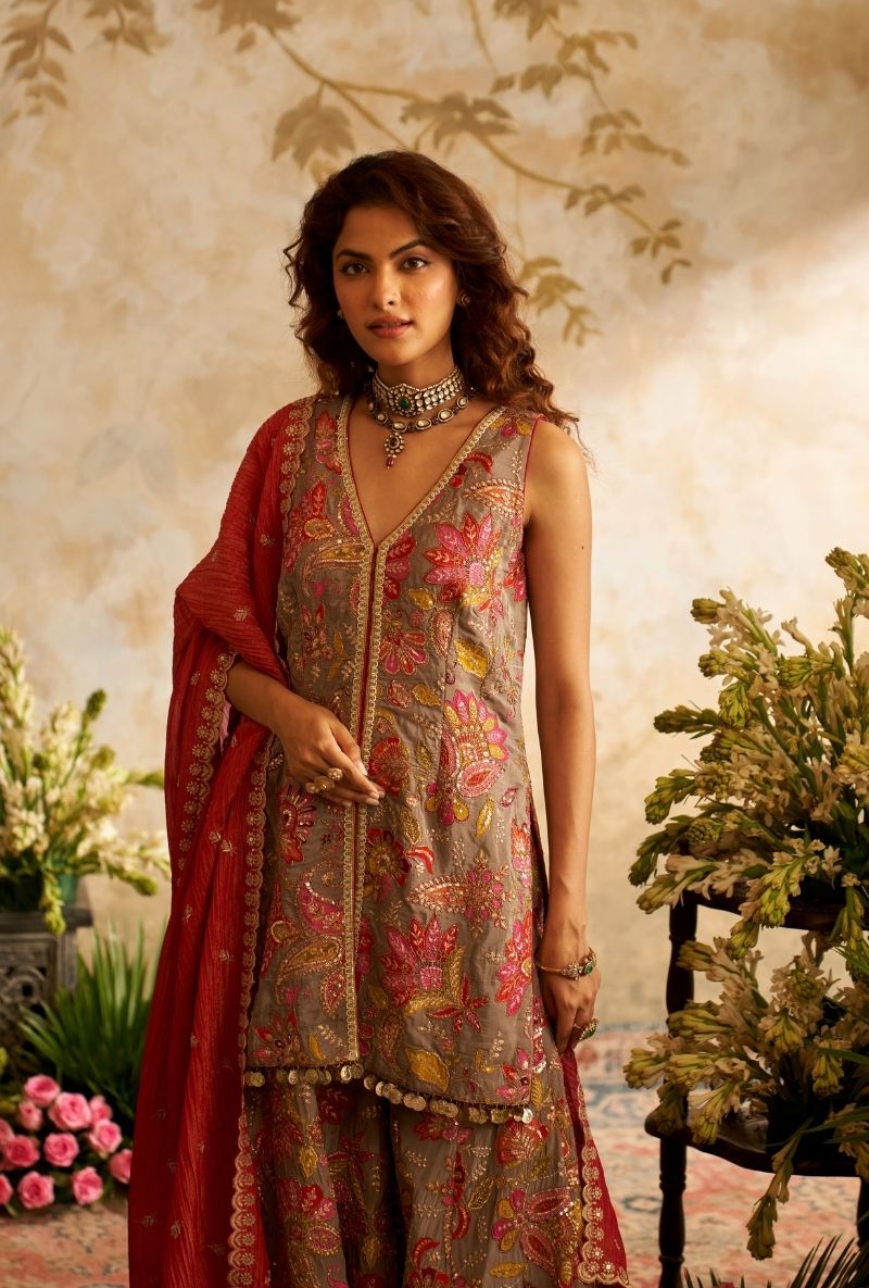 Grey All Over Printed Rumi Gharara Set
