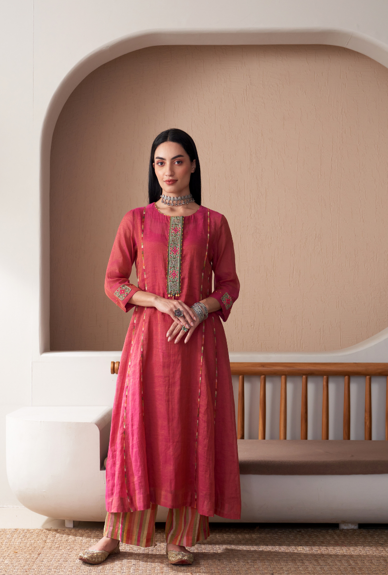 Pink Embroidered Placket Bageecha Anarkali Set