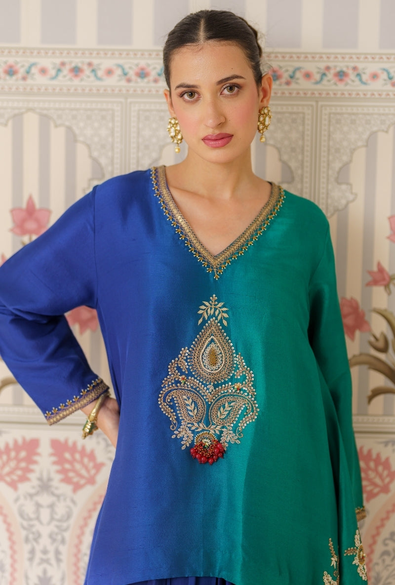 Blue &amp; Green Ombre Motif Hand Embroidery Mallika Drape Skirt Set