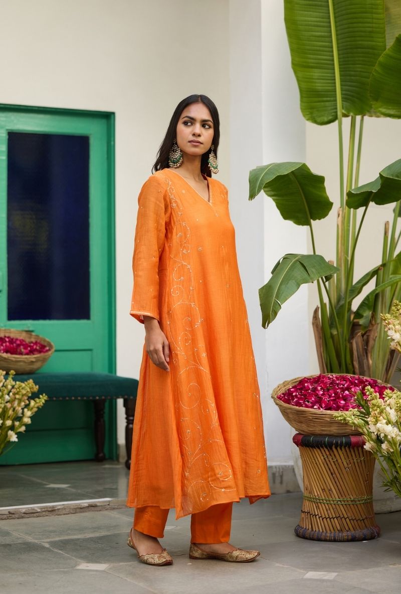 Orange Side Kali Zari Embroiderd Urvi Kurta Set