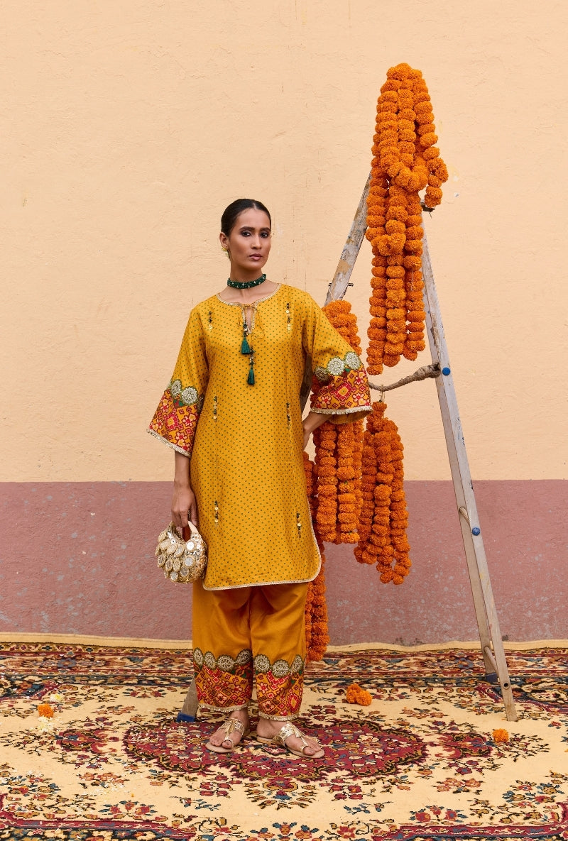 Yellow Bandhni Border Oorja Salwar Set