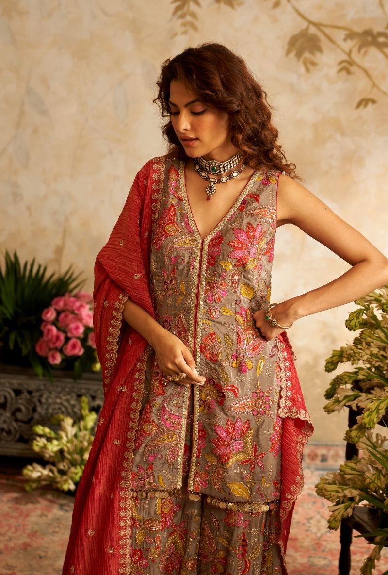 Grey All Over Printed Rumi Gharara Set