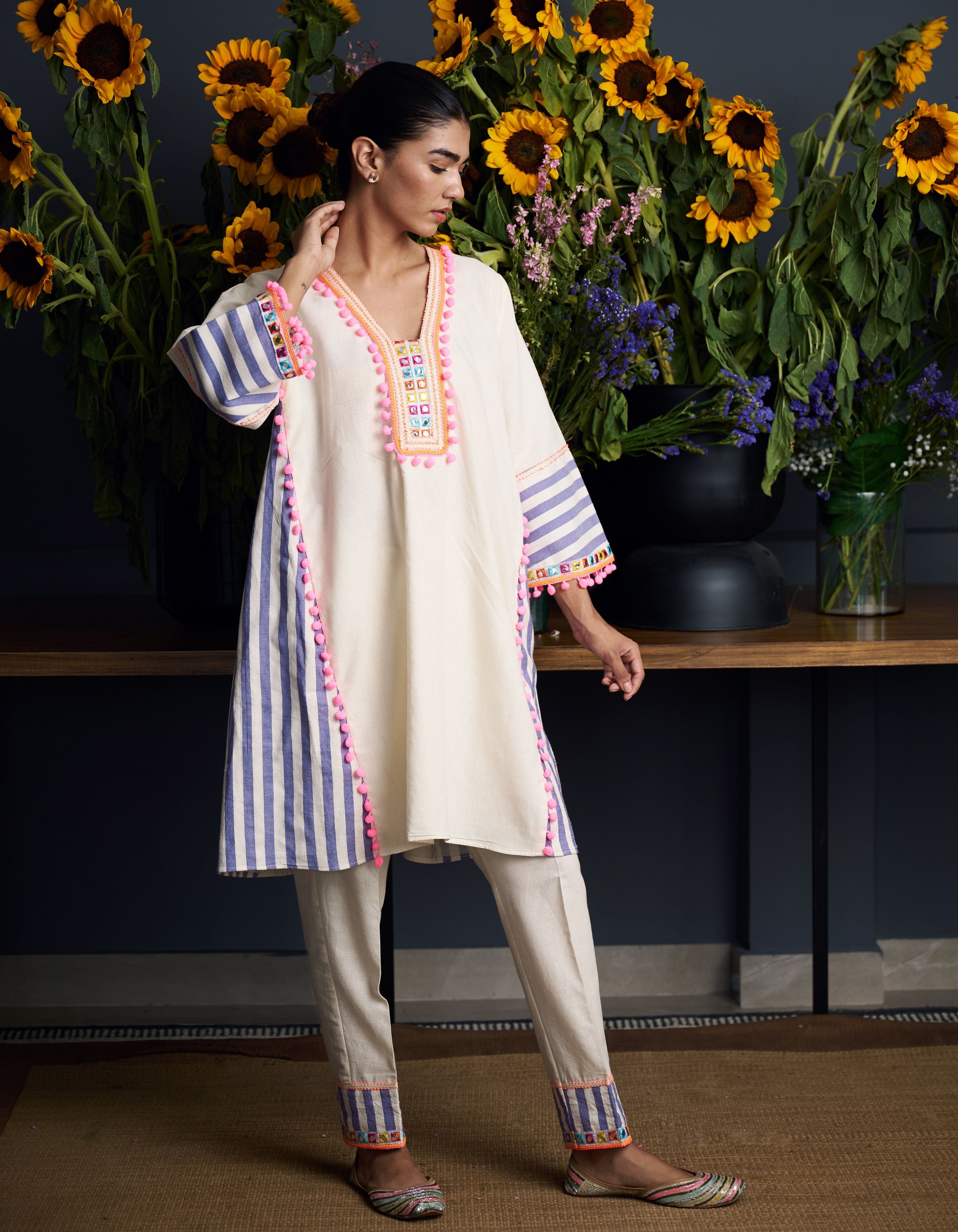 Beige Stripes Panel Lavanya Nadia Kurta Set