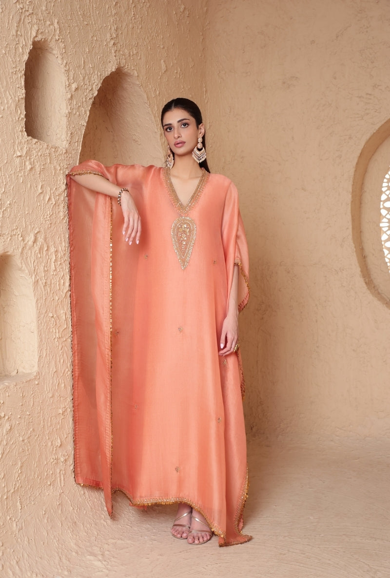 Peach Dori Embroidery Yoke Nihira Kaftan