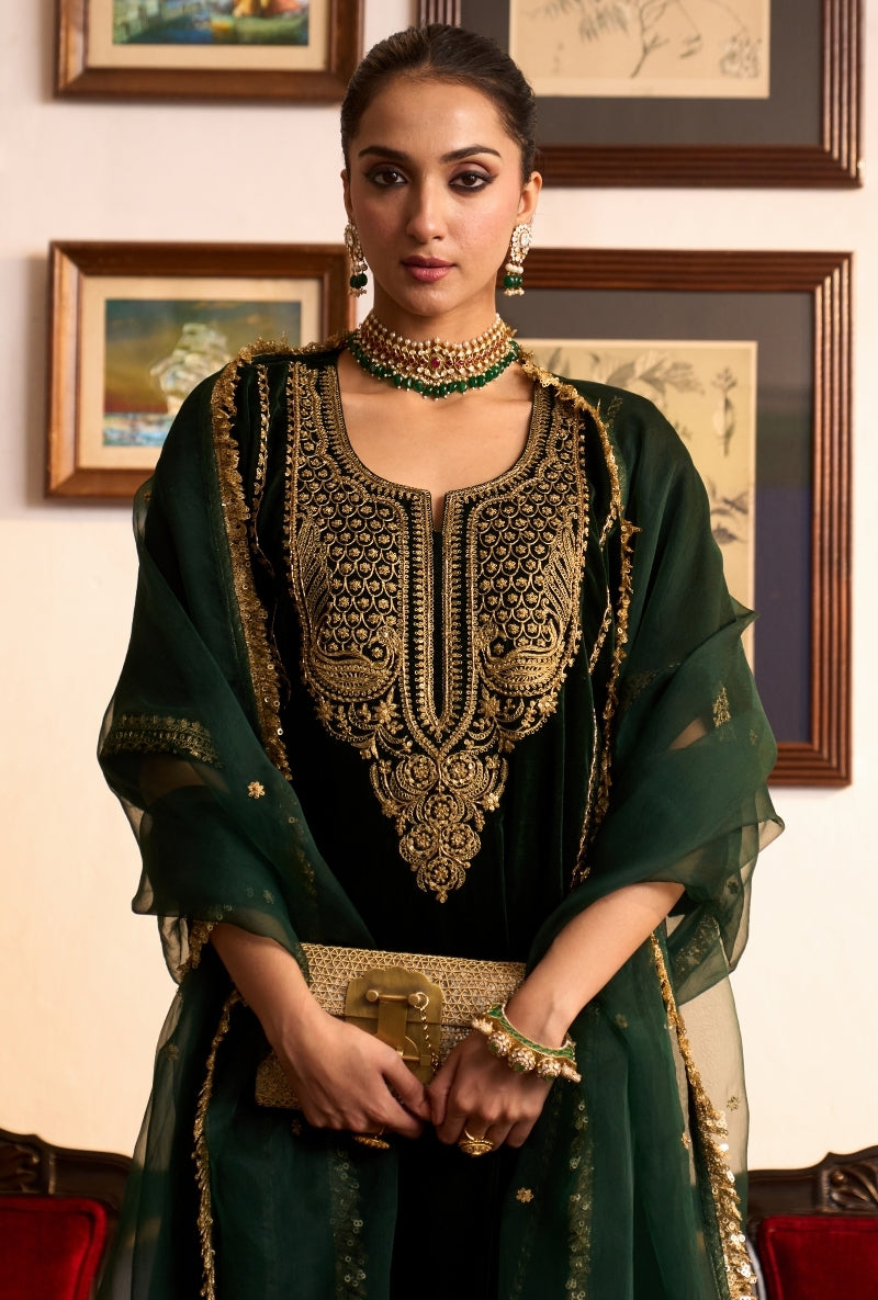 Bottle Green Choga Style Panneled Dilbar Kurta Set
