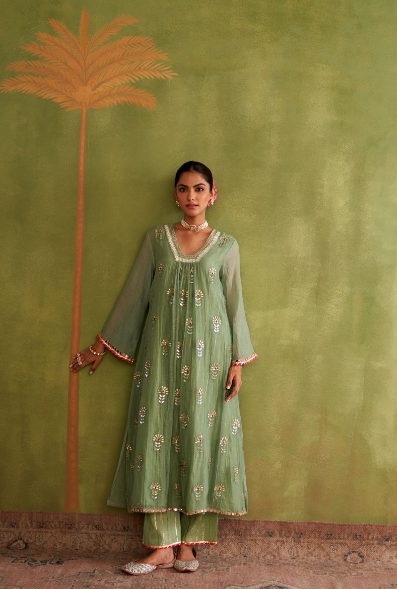 Sage Green Square Neck Morbagh Kurta Set