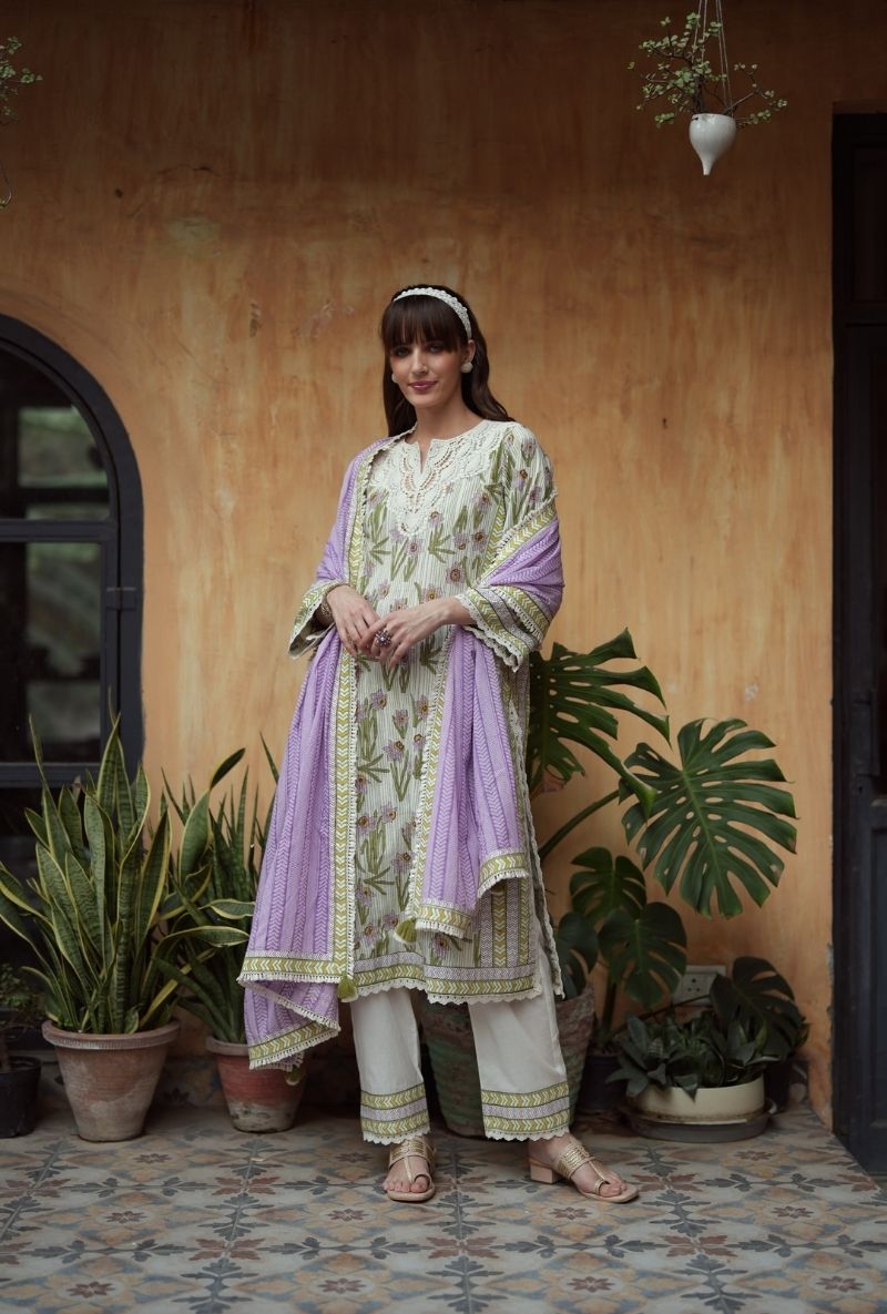 Ivory Handblock Print Straight Raisa Kurta Set