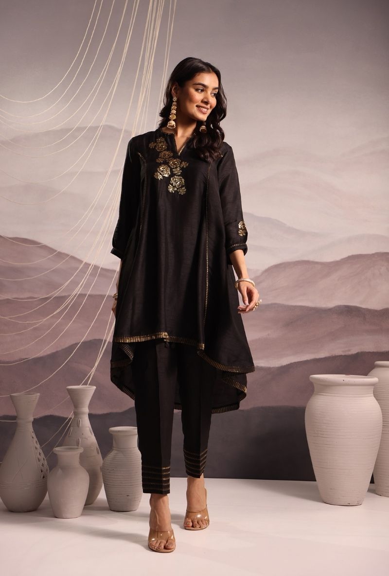 Black Embroidered High Low Silk Surily Kurta Set – Misri By Meghna Nayyar