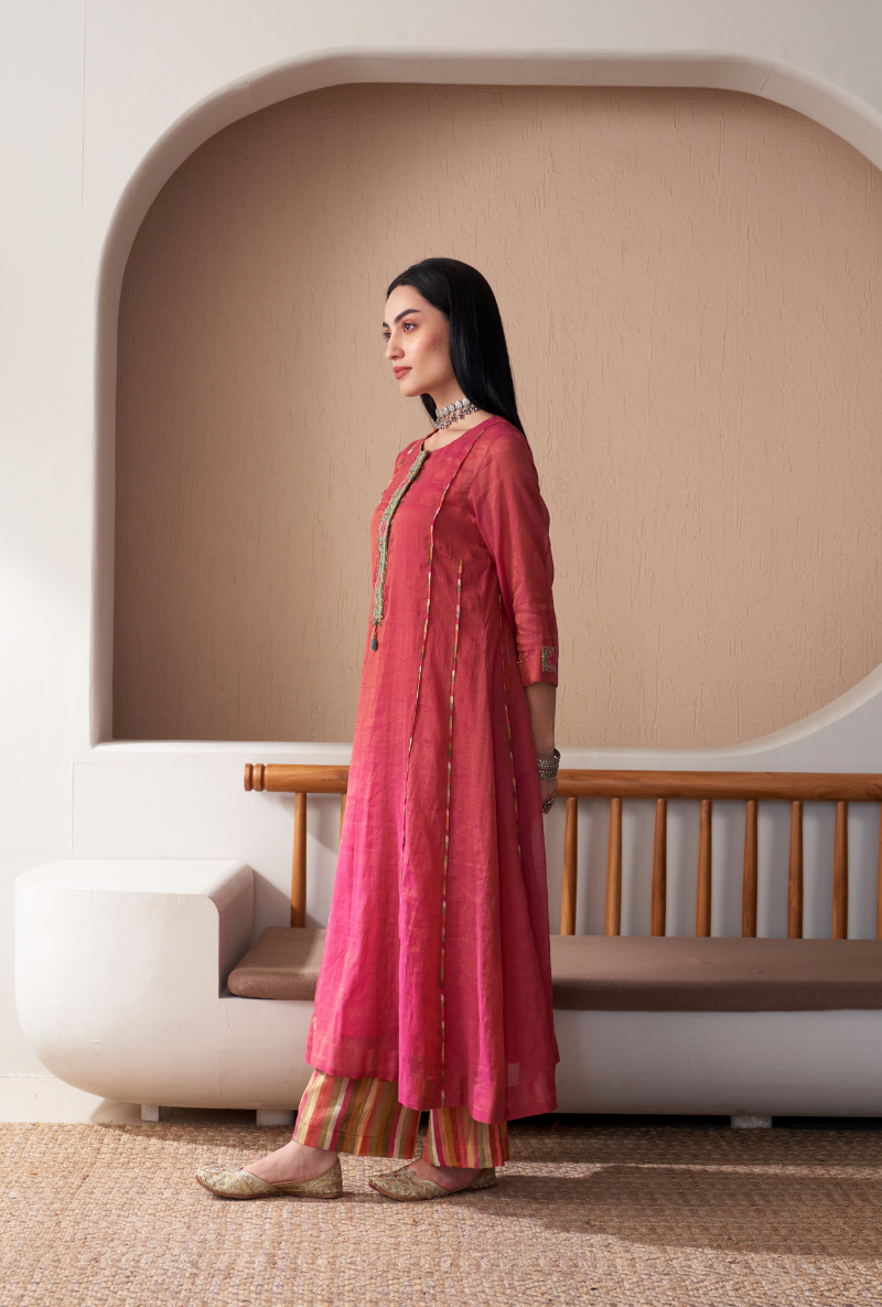 Pink Embroidered Placket Bageecha Anarkali Set