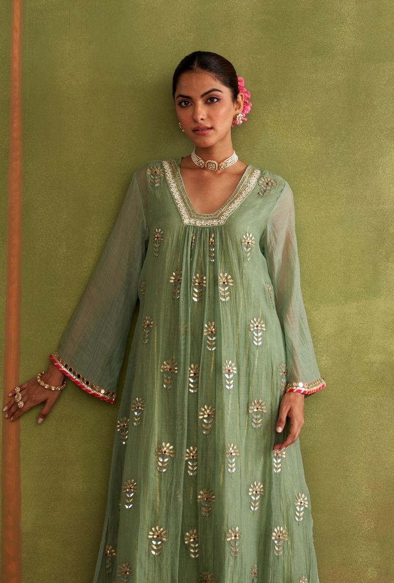 Sage Green Square Neck Morbagh Kurta Set