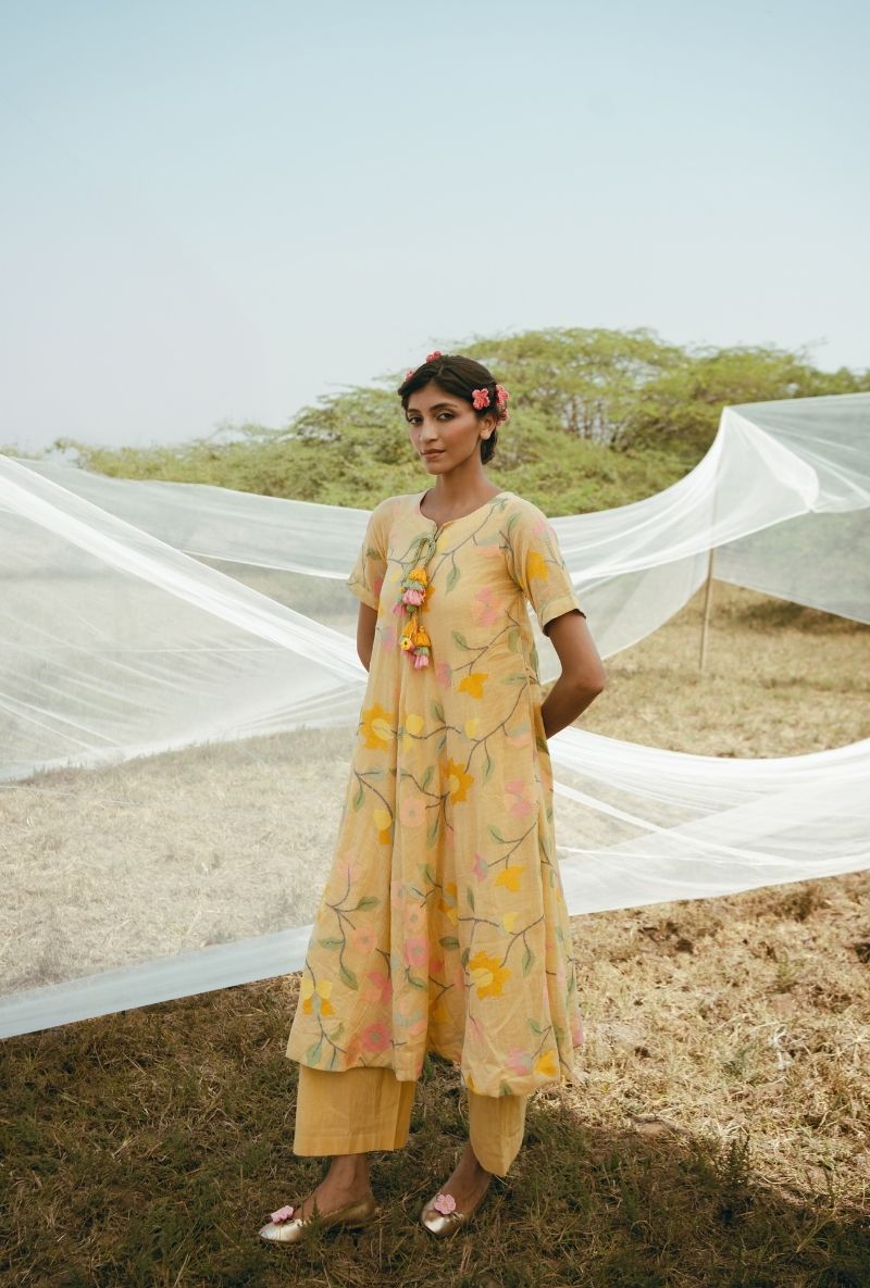 Yellow Muti Floral Jaal A-Line Barfi Kurta Set