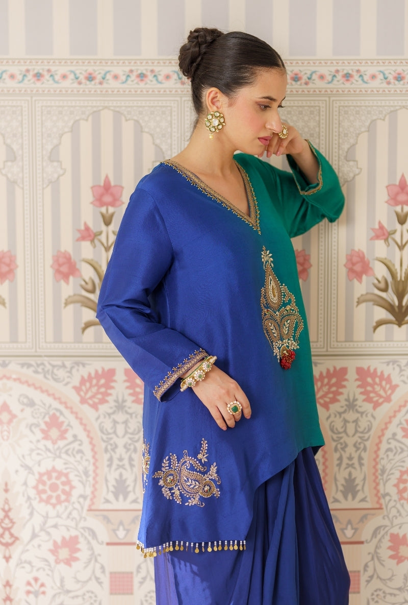 Blue &amp; Green Ombre Motif Hand Embroidery Mallika Drape Skirt Set