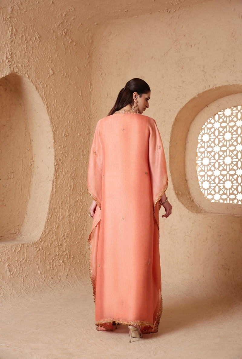 Peach Dori Embroidery Yoke Nihira Kaftan