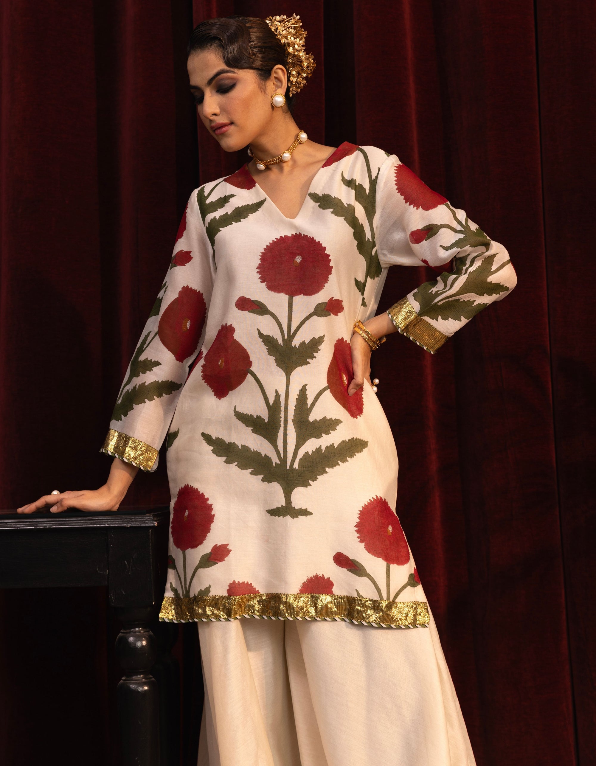 Ivory Poppy Block Print Mogra Sharara Set