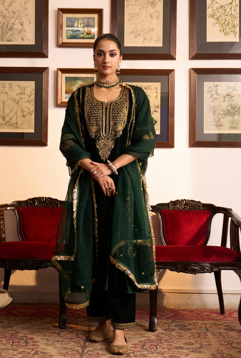 Bottle Green Choga Style Panneled Dilbar Kurta Set