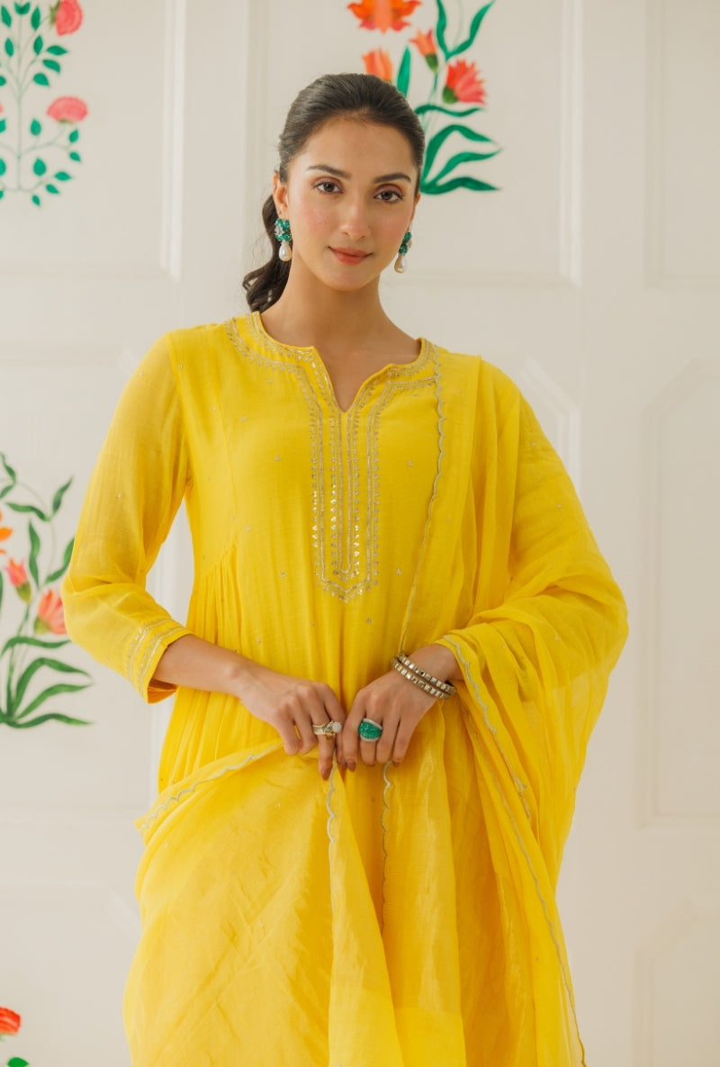Yellow Pitta Work Side Gather Baani Kurta Set