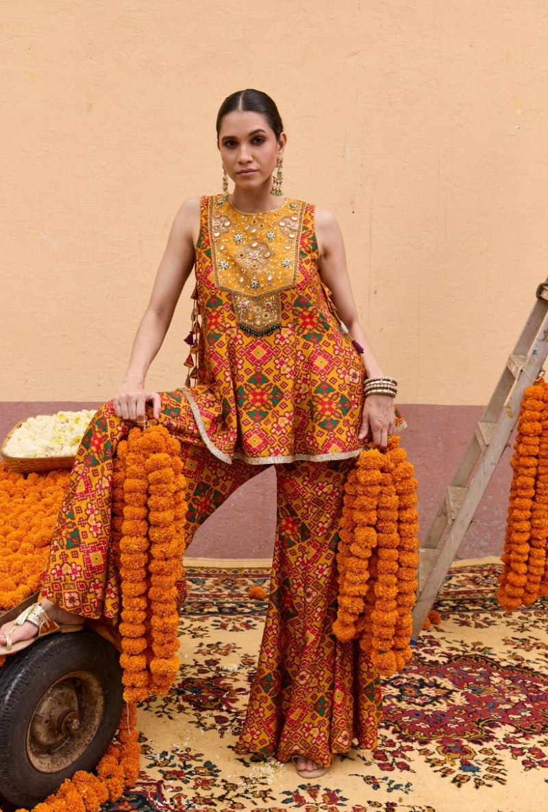 Yellow Patola Short Kali Oorja Sharara Set
