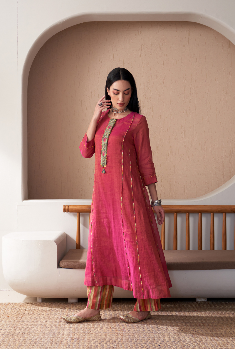 Pink Embroidered Placket Bageecha Anarkali Set