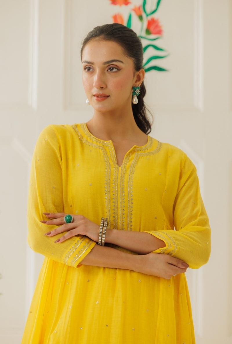 Yellow Pitta Work Side Gather Baani Kurta Set