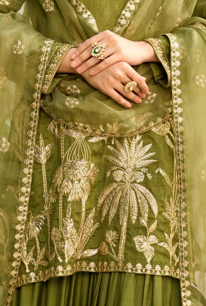 Green Palm Tree Zardosi Embroidered Sabah Sharara Set