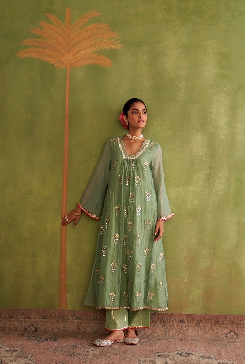 Sage Green Square Neck Morbagh Kurta Set