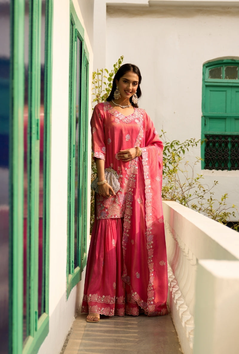 Pink Floral Thread Embroidery Nadira Sharara Set