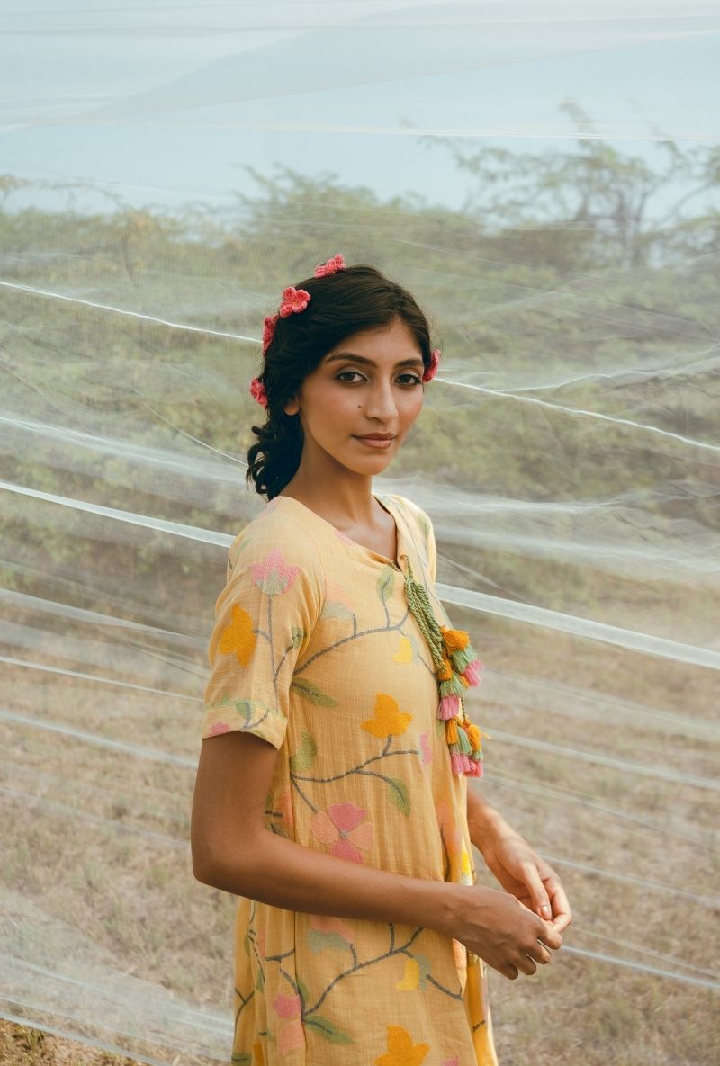 Yellow Muti Floral Jaal A-Line Barfi Kurta Set