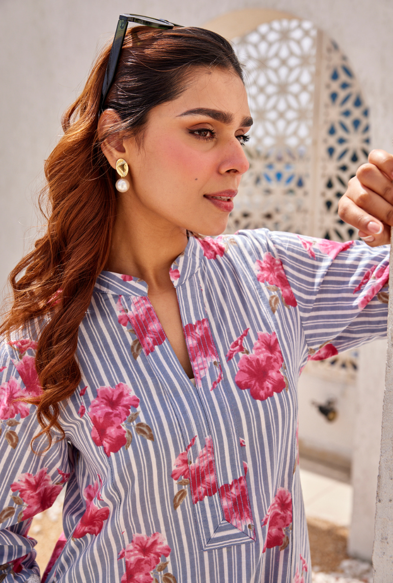 Blue Stripes And Floral Digital Print Peony Kurta Set