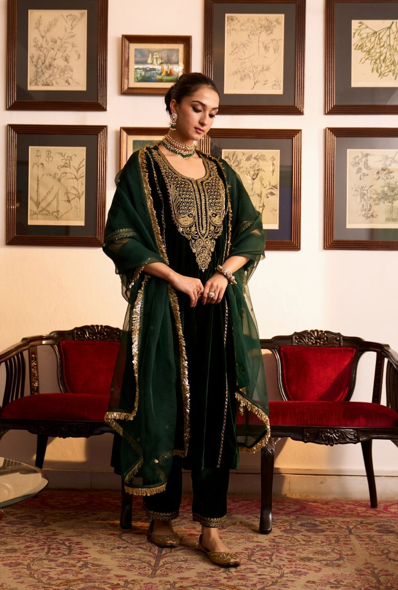 Bottle Green Choga Style Panneled Dilbar Kurta Set