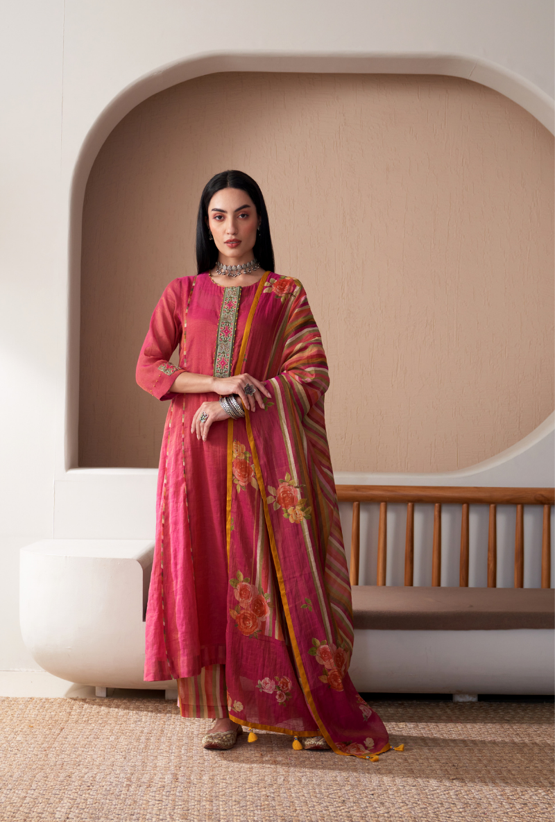 Pink Embroidered Placket Bageecha Anarkali Set