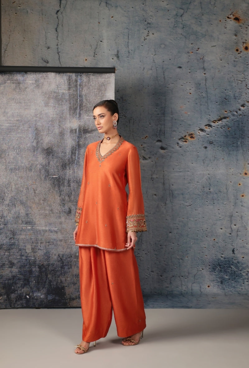 Orange V Neck Short Nihira Salwar Set