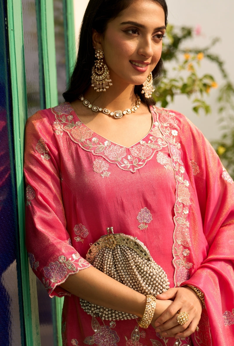 Pink Floral Thread Embroidery Nadira Sharara Set