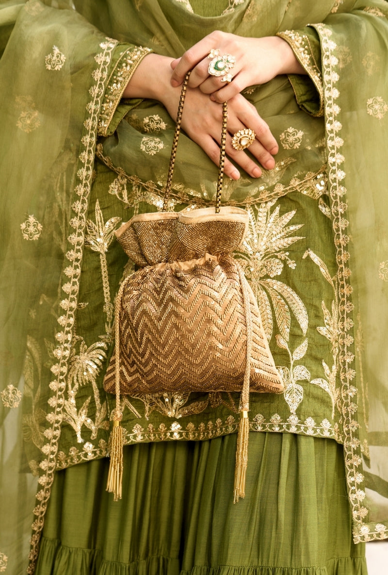 Green Palm Tree Zardosi Embroidered Sabah Sharara Set