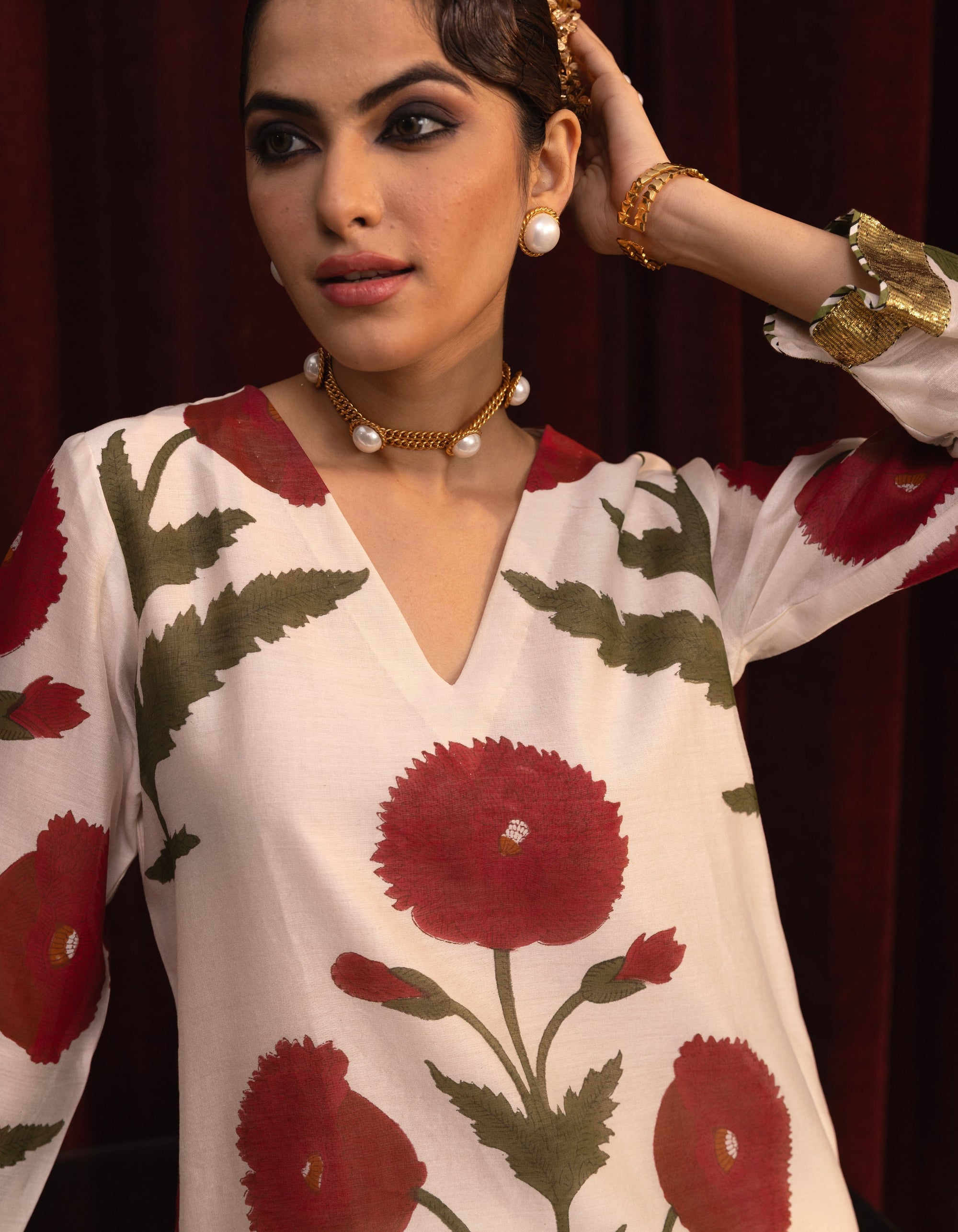 Ivory Poppy Block Print Mogra Sharara Set