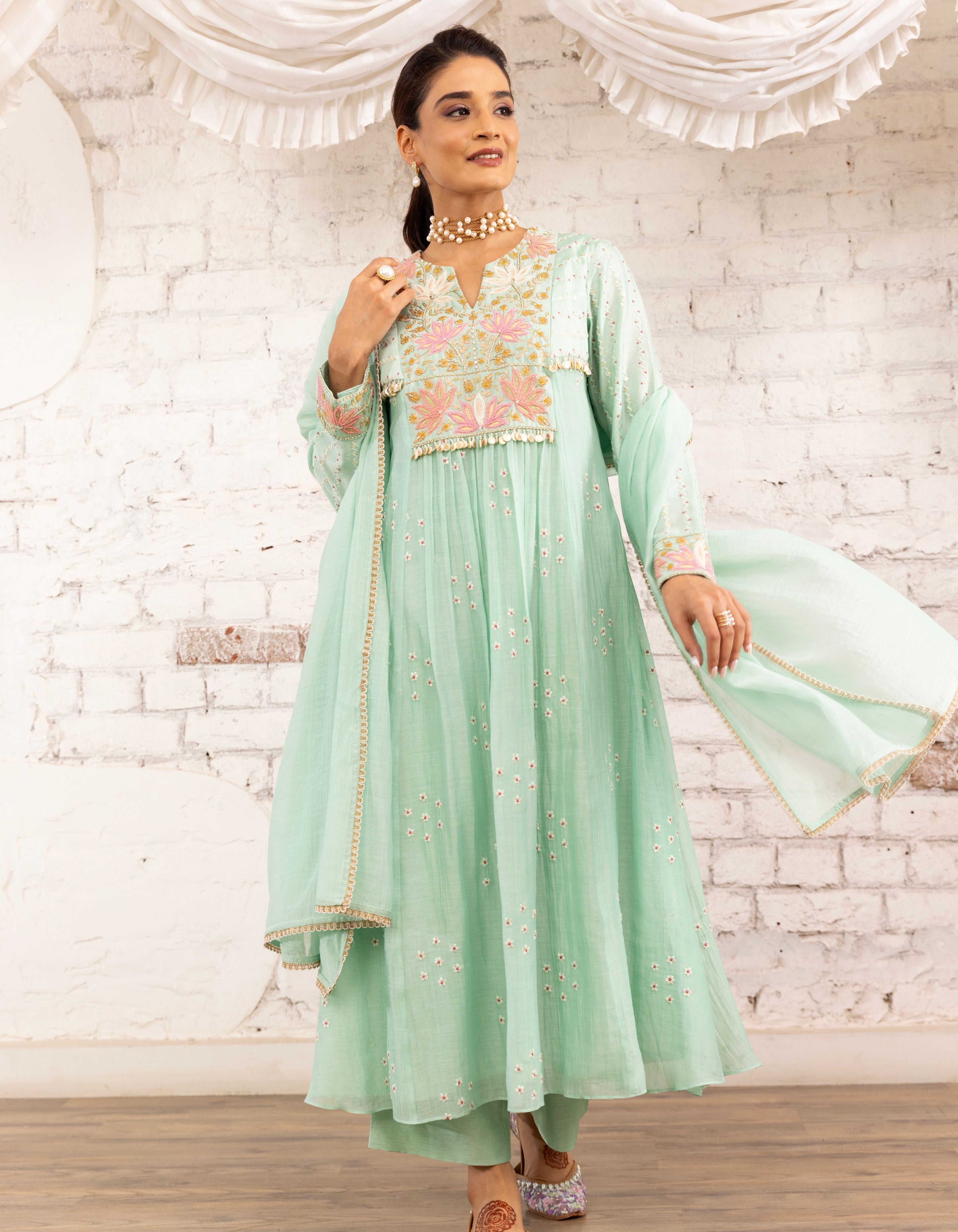 Aqua Lotus Yoke Noor Anarkali Kurta Set