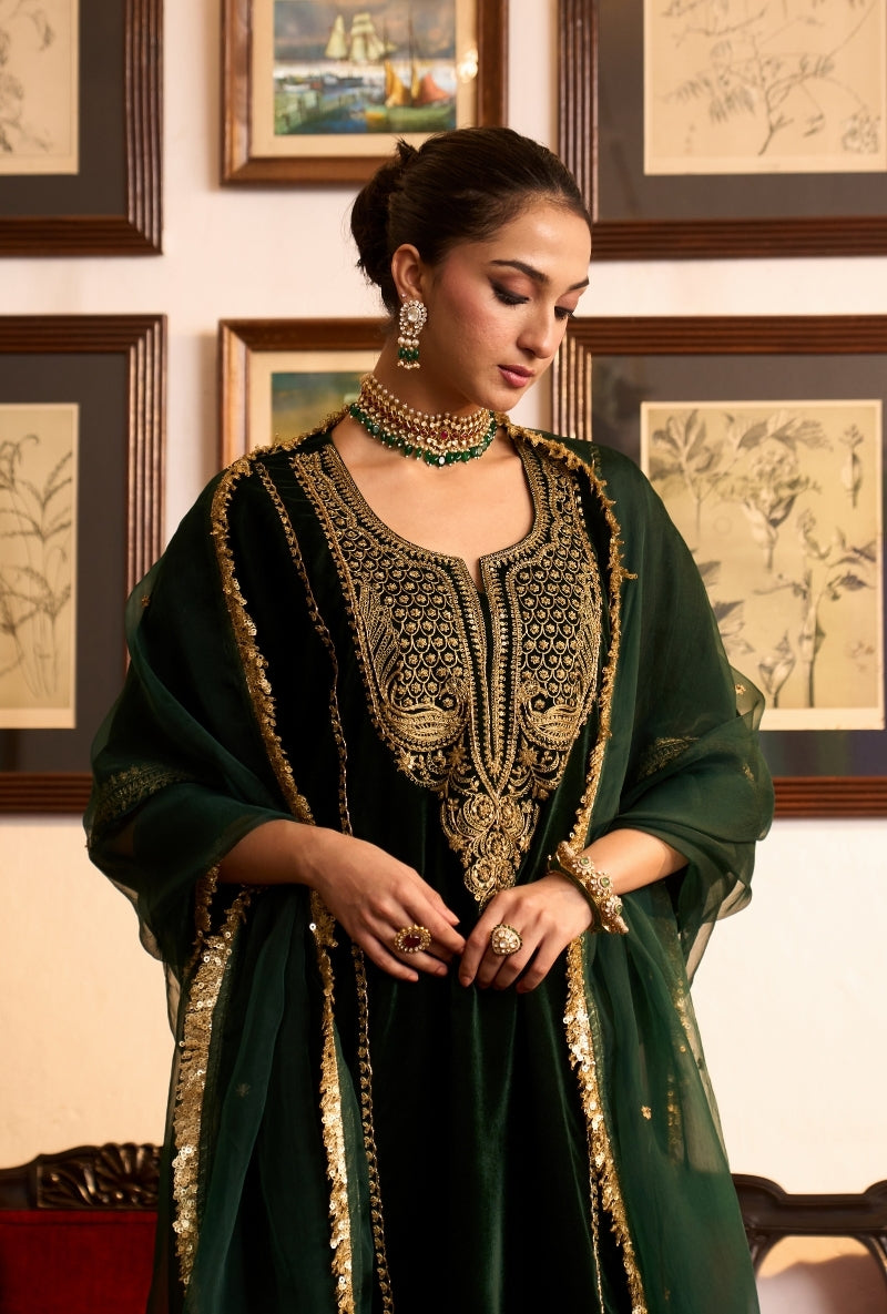 Bottle Green Choga Style Panneled Dilbar Kurta Set