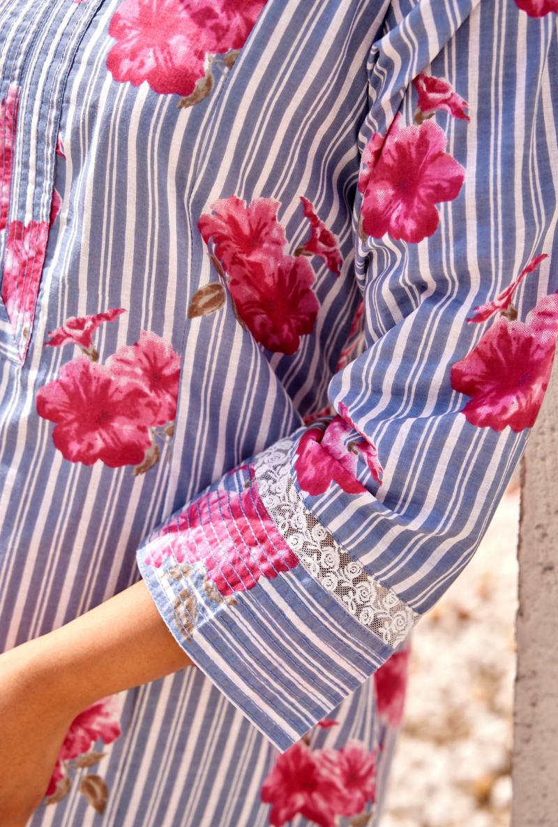 Blue Stripes And Floral Digital Print Peony Kurta Set