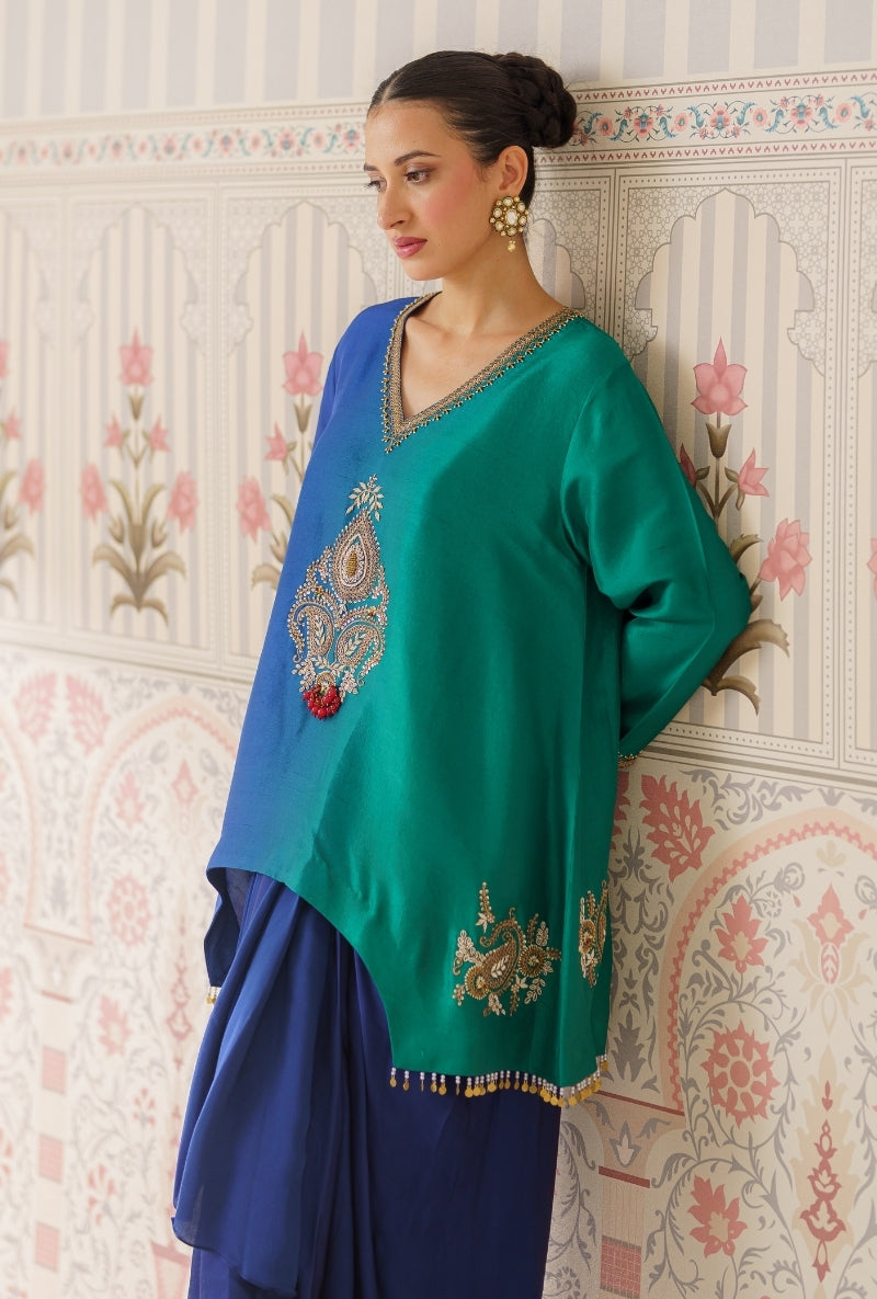 Blue &amp; Green Ombre Motif Hand Embroidery Mallika Drape Skirt Set