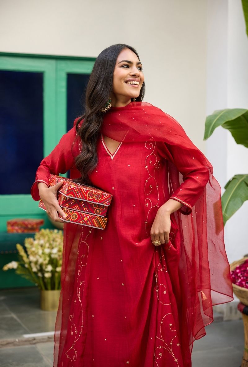 Red Embroidered Side Panels Urvi Kurta Set
