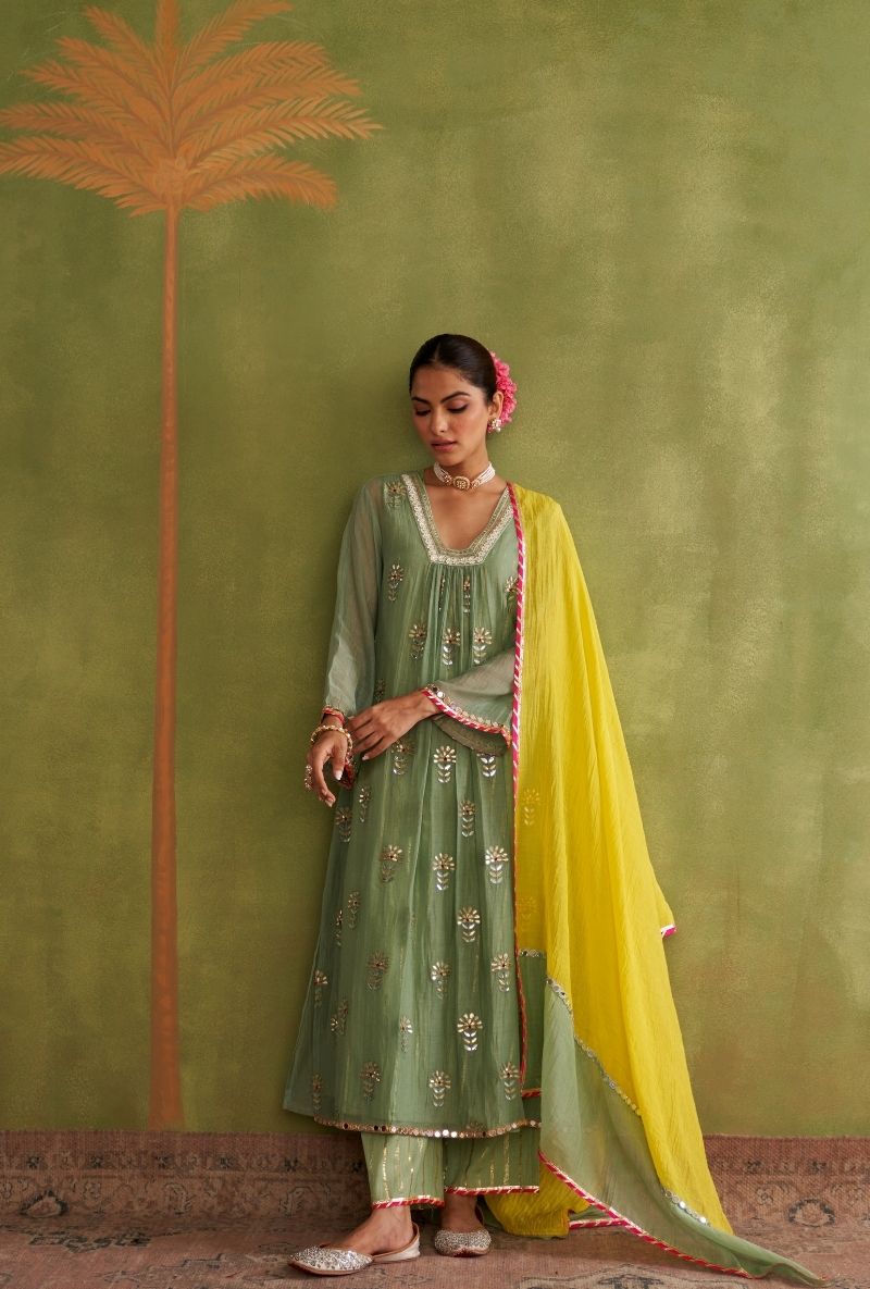 Sage Green Square Neck Morbagh Kurta Set