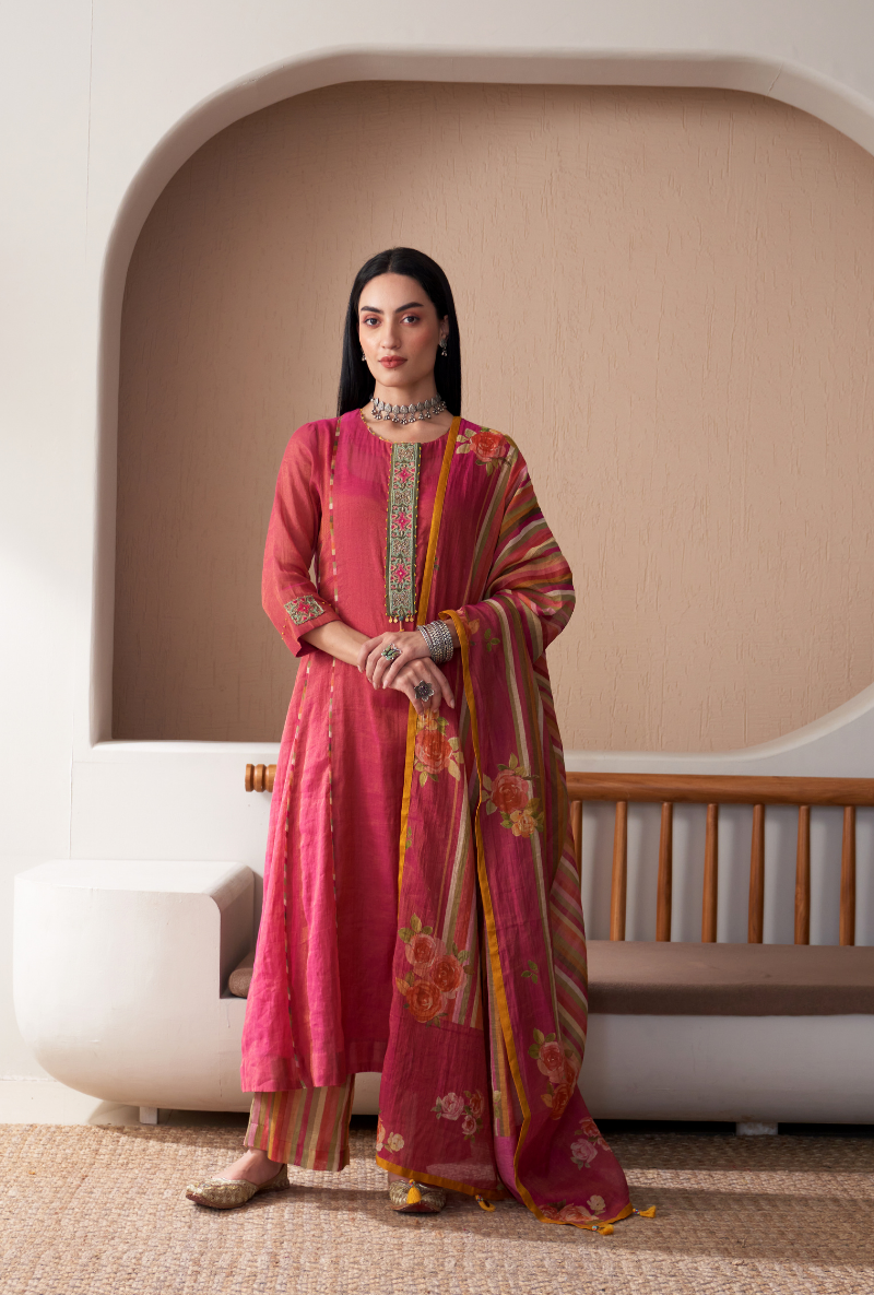 Pink Embroidered Placket Bageecha Anarkali Set