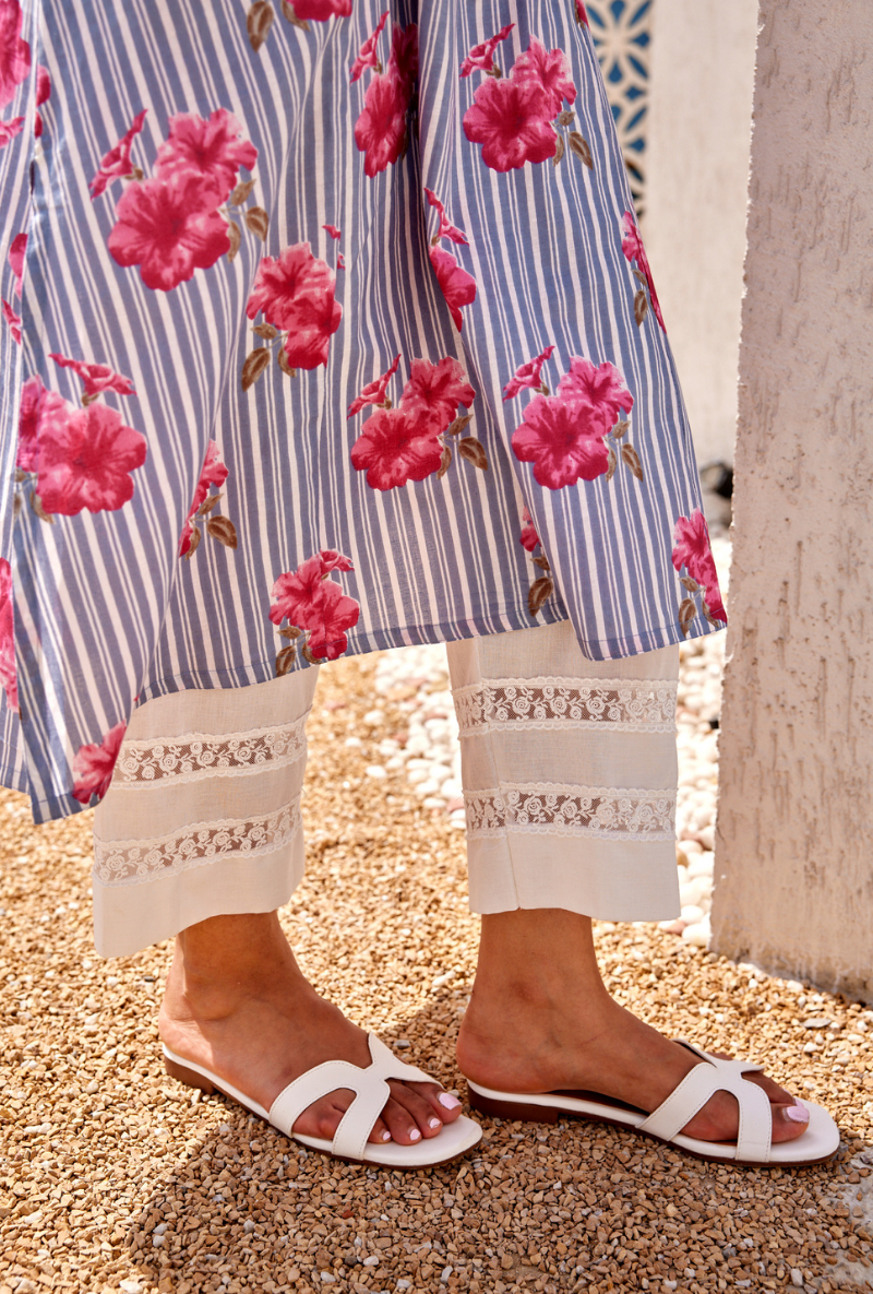 Blue Stripes And Floral Digital Print Peony Kurta Set