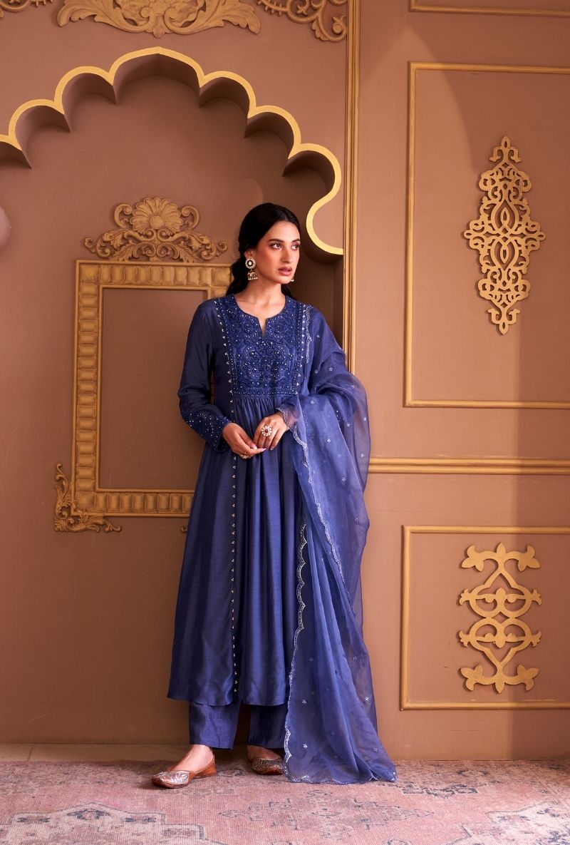 Blue Bead Yoke Rasia Kurta Set