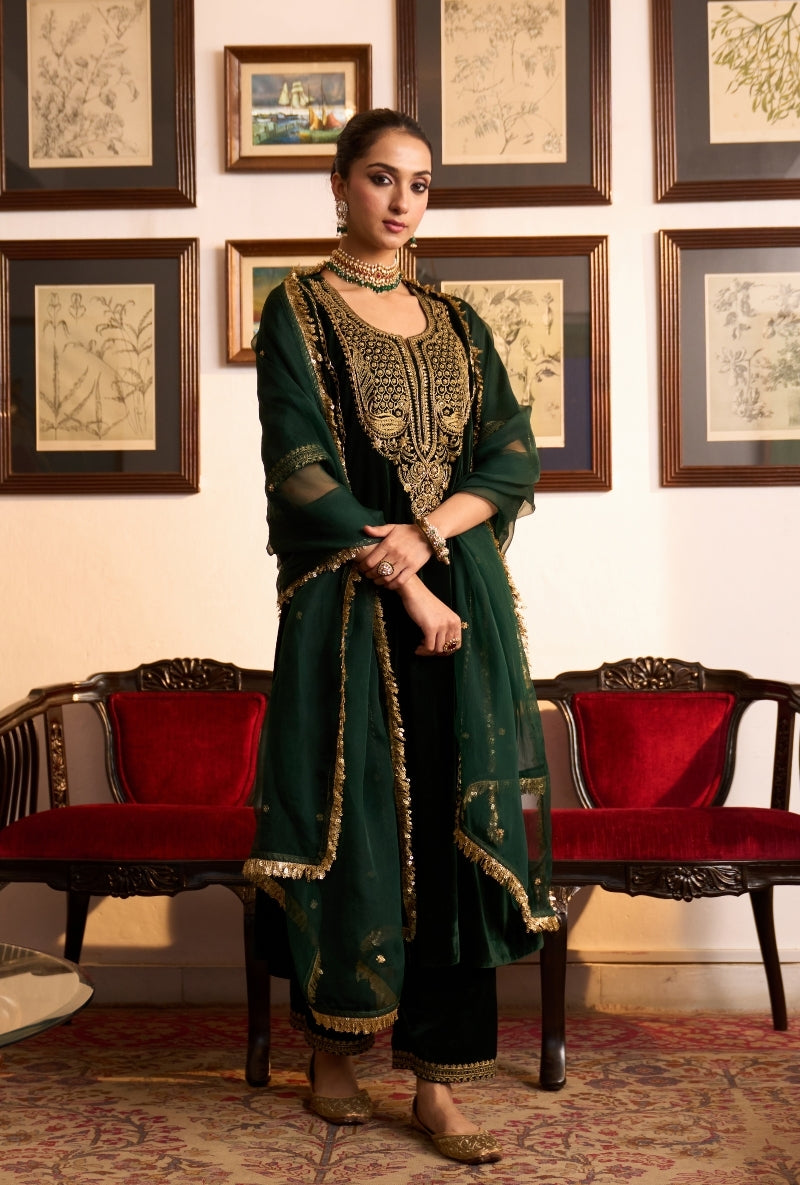 Bottle Green Choga Style Panneled Dilbar Kurta Set