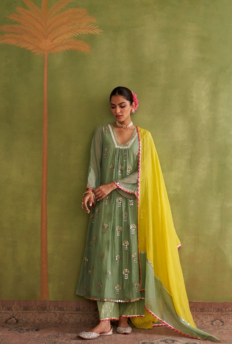 Sage Green Square Neck Morbagh Kurta Set